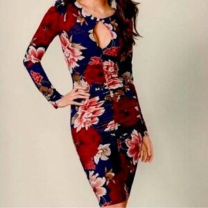 VENUS Navy & Red Floral Ruched CutOut Back Long Sleeve Midi Dress Size XL